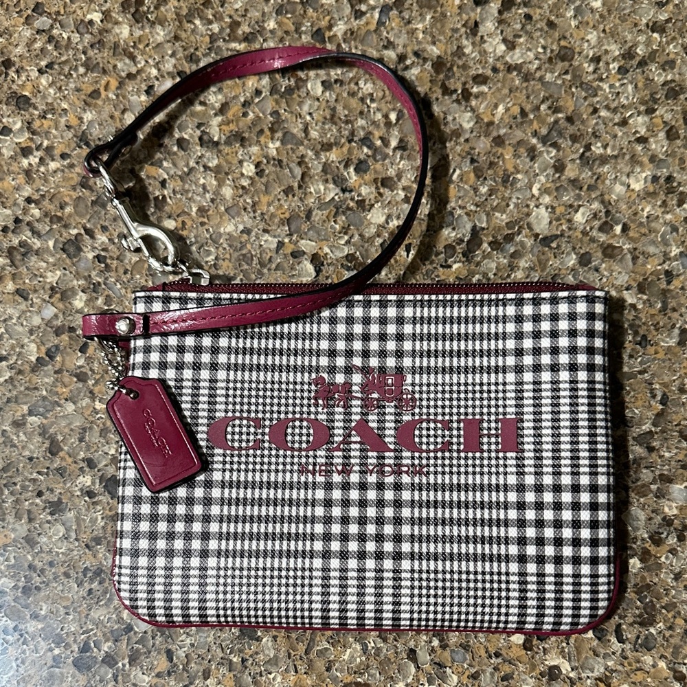 Coach Black and White Gingham Wristlet with Red Accents